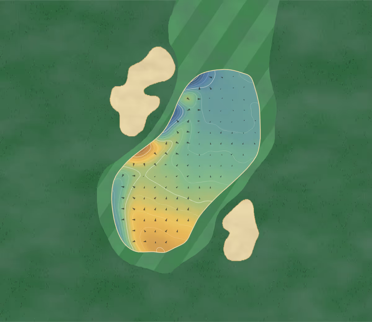 Green contour map of Ladybank in Cupar, Scotland: 135 elevation contours at a 8-centimeter interval with fall-line arrows, traced from 1-meter lidar
