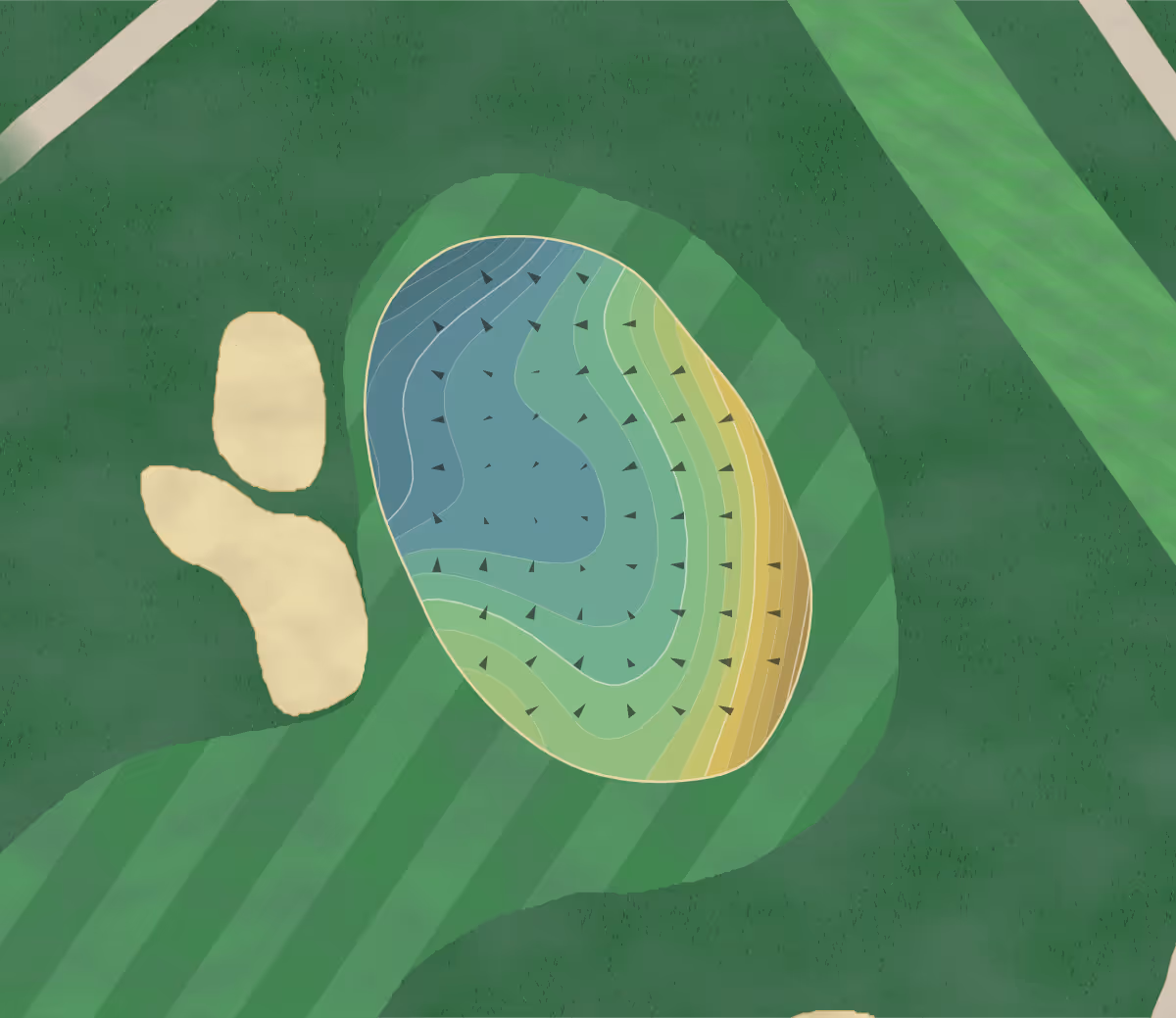 Green contour map of Lafayette Club in Minnetonka Beach, Minnesota — 132 elevation contours at a 3-inch interval with fall-line arrows, traced from 1-meter lidar