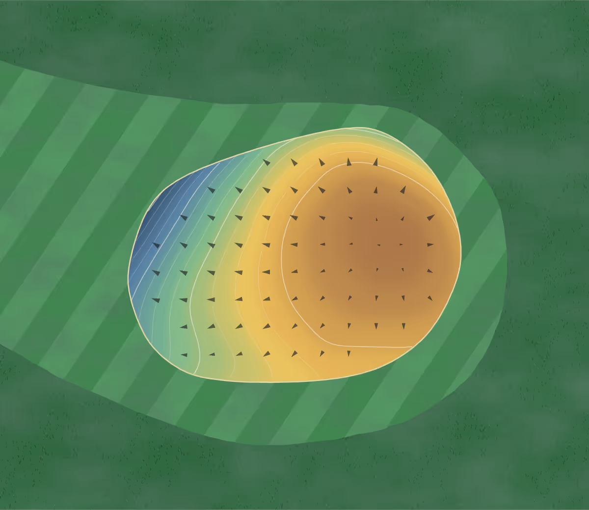 Green contour map of Lagos Acres in Kalona, Iowa: 107 elevation contours at a 3-inch interval with fall-line arrows, traced from 1-meter lidar