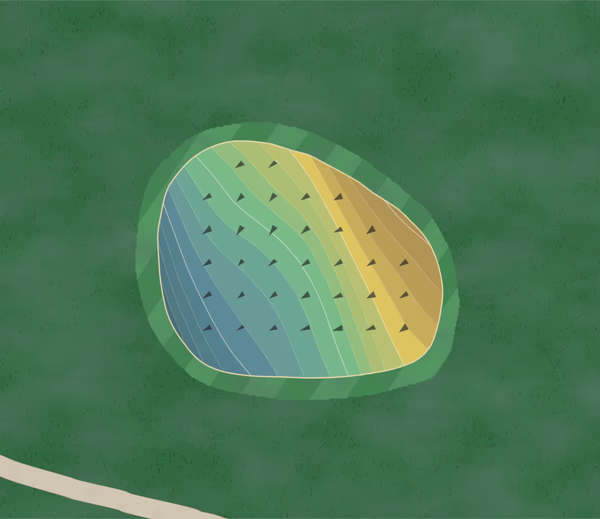 Green contour map of Lake Chabot in Oakland, California — 230 elevation contours at a 3-inch interval with fall-line arrows, traced from 1-meter lidar