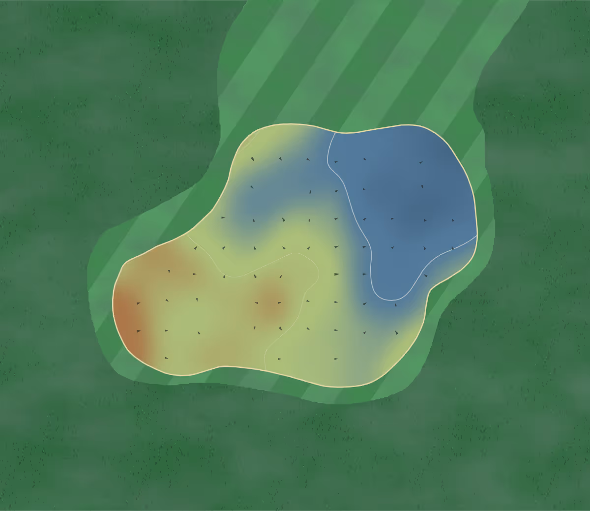 Green contour map of Lake Fairways in North Fort Myers, Florida: 2 elevation contours at a 3-inch interval with fall-line arrows, traced from 1-meter lidar