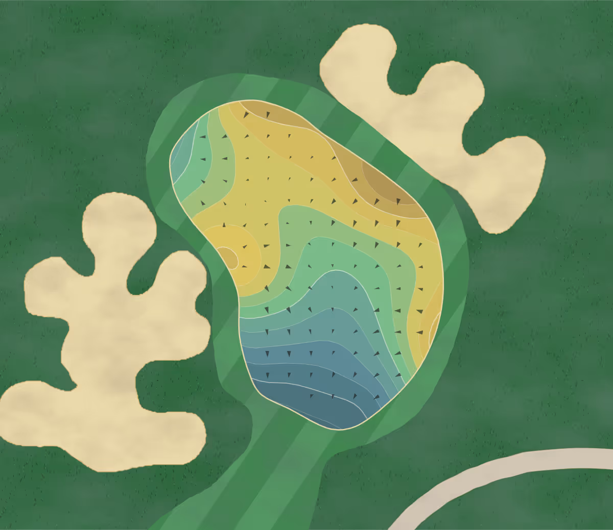 Green contour map of Lake Forest in Lake St Louis, Missouri — 214 elevation contours at a 3-inch interval with fall-line arrows, traced from 1-meter lidar