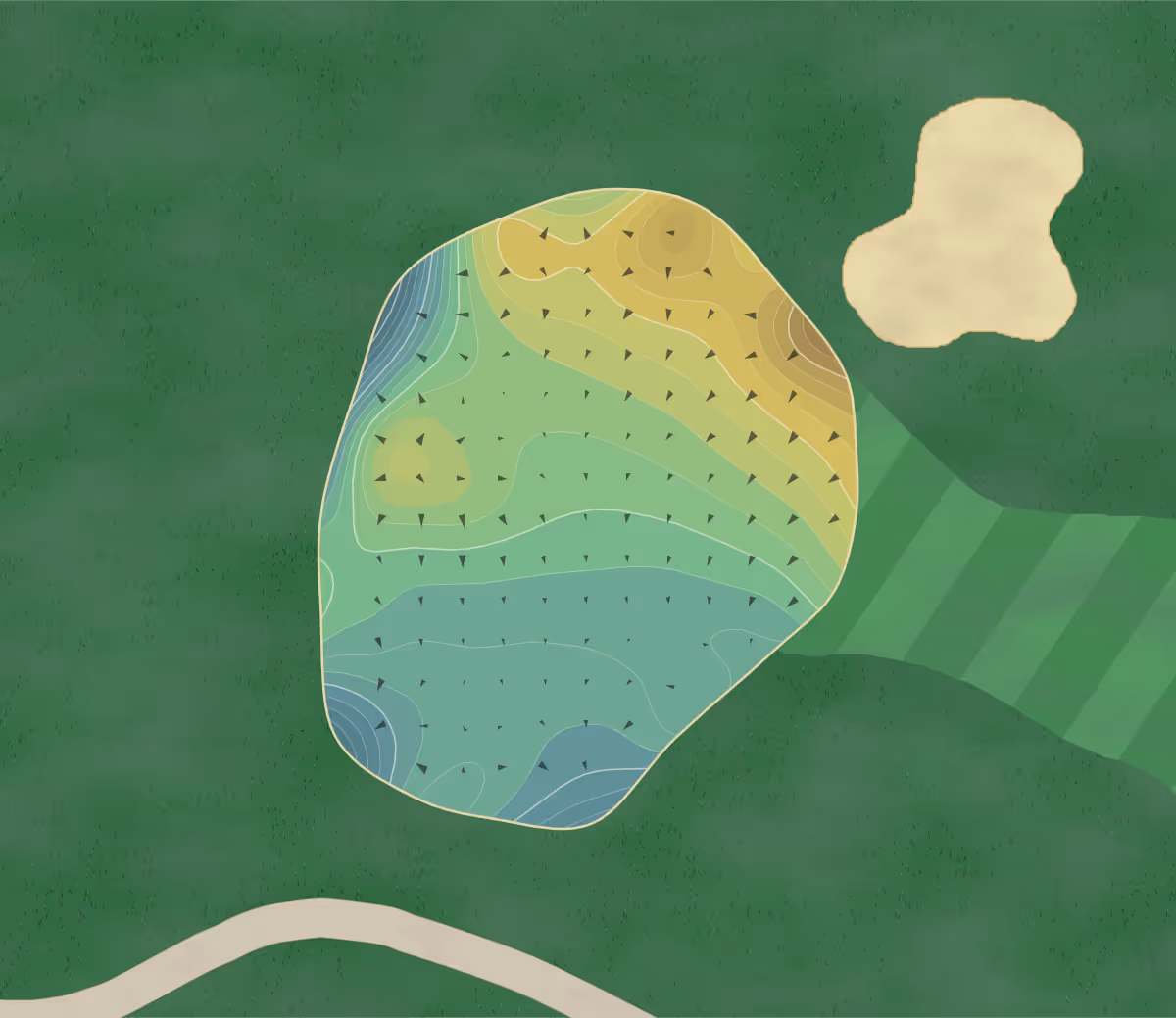 Green contour map of Lake Forest in Louisville, Kentucky — 272 elevation contours at a 3-inch interval with fall-line arrows, traced from 1-meter lidar
