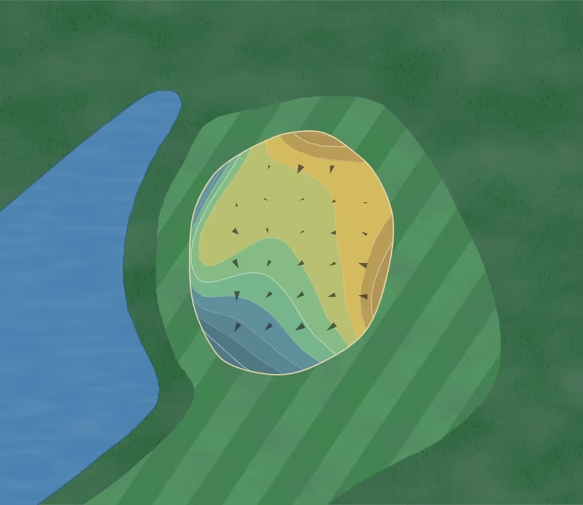 Green contour map of Lake Lindero in Agoura Hills, California — 56 elevation contours at a 3-inch interval with fall-line arrows, traced from 1-meter lidar