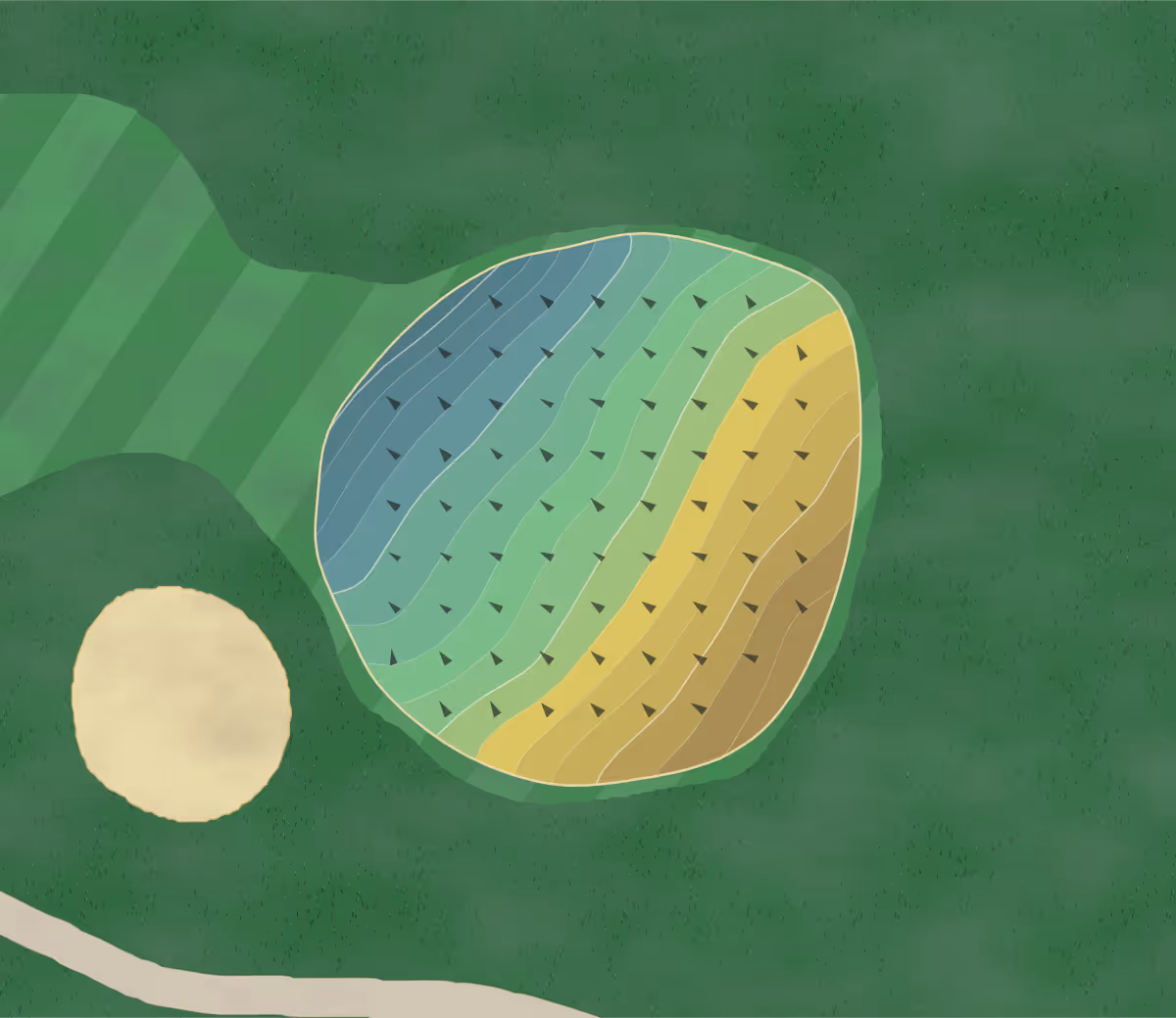Green contour map of Lake of the Woods in Mahomet, Illinois — 277 elevation contours at a 3-inch interval with fall-line arrows, traced from 1-meter lidar