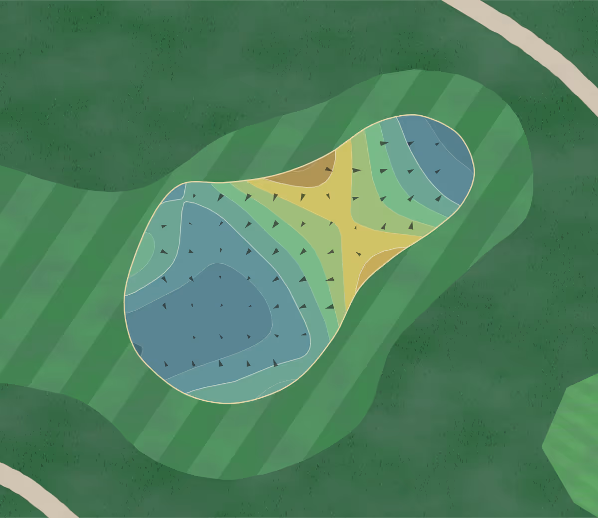 Green contour map of Lake Park Championship in Dallas, Texas — 161 elevation contours at a 3-inch interval with fall-line arrows, traced from 1-meter lidar