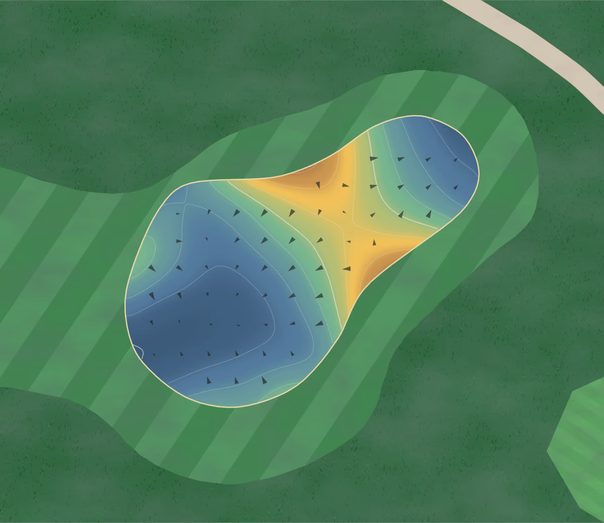 Green contour map of Lake Park in Lewisville, Texas: 117 elevation contours at a 3-inch interval with fall-line arrows, traced from 1-meter lidar