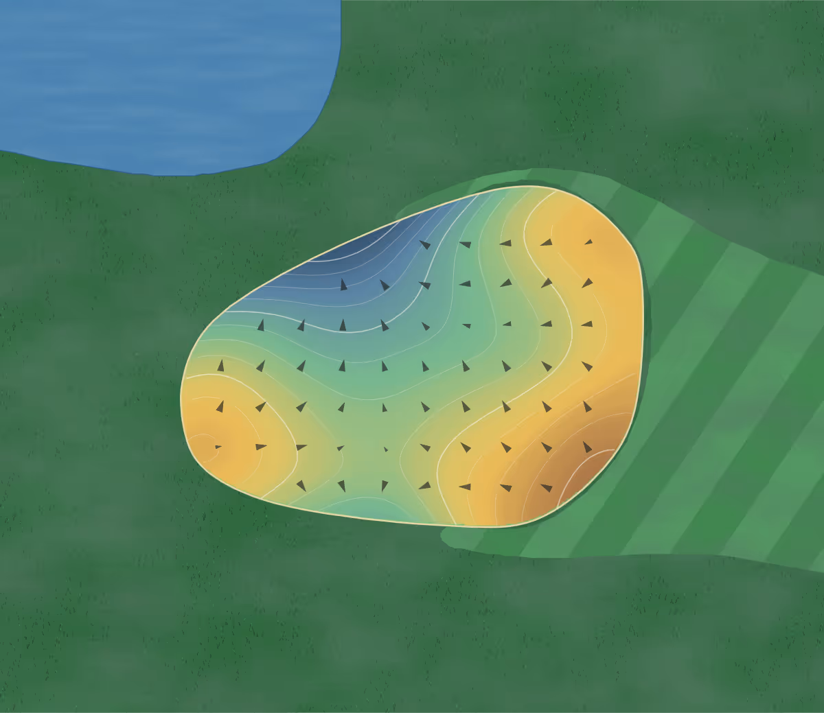 Green contour map of Lake Saint Louis in Lake Saint Louis, Missouri: 90 elevation contours at a 3-inch interval with fall-line arrows, traced from 1-meter lidar