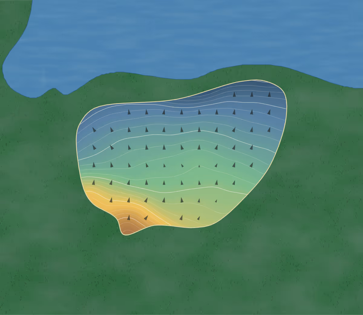 Green contour map of Lake Winds in Rougemont, North Carolina: 180 elevation contours at a 3-inch interval with fall-line arrows, traced from 1-meter lidar