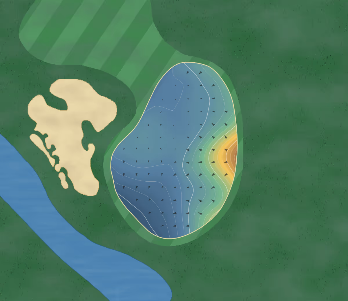 Green contour map of Lake Winnipesaukee Golf Club in New Durham, New Hampshire — 180 elevation contours at a 3-inch interval with fall-line arrows, traced from 1-meter lidar