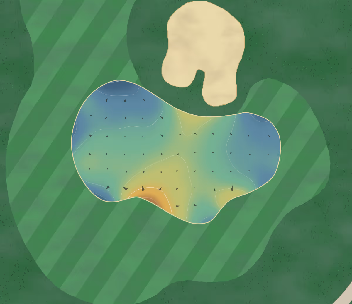 Green contour map of Lakelands in Nerang, Australia — 93 elevation contours at a 8-centimeter interval with fall-line arrows, traced from 1-meter lidar