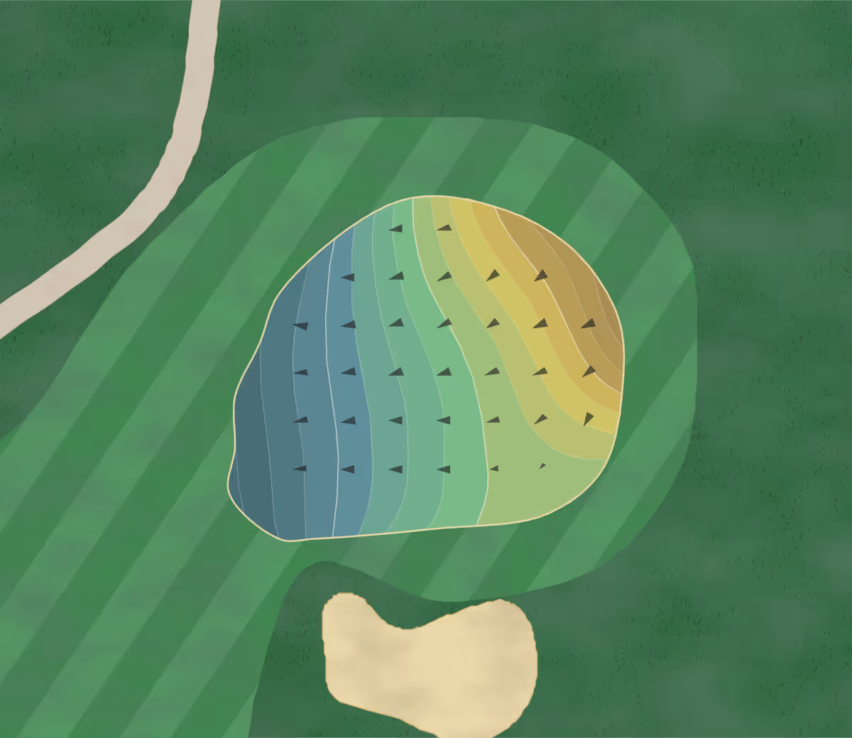 Green contour map of Lakes East in Sun City, Arizona — 201 elevation contours at a 3-inch interval with fall-line arrows, traced from 1-meter lidar