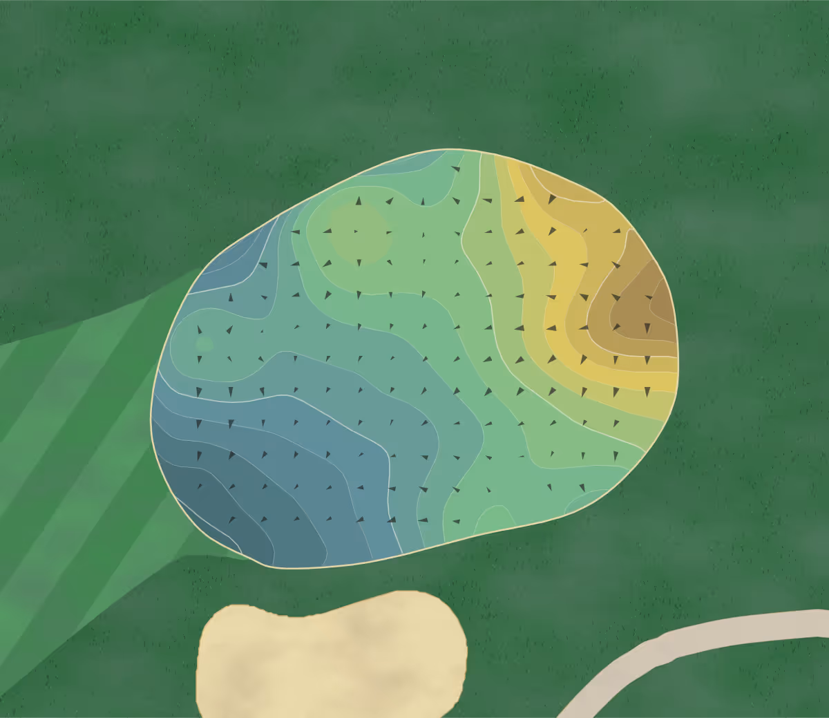 Green contour map of Lakes Golf in Westerville, Ohio — 257 elevation contours at a 3-inch interval with fall-line arrows, traced from 1-meter lidar