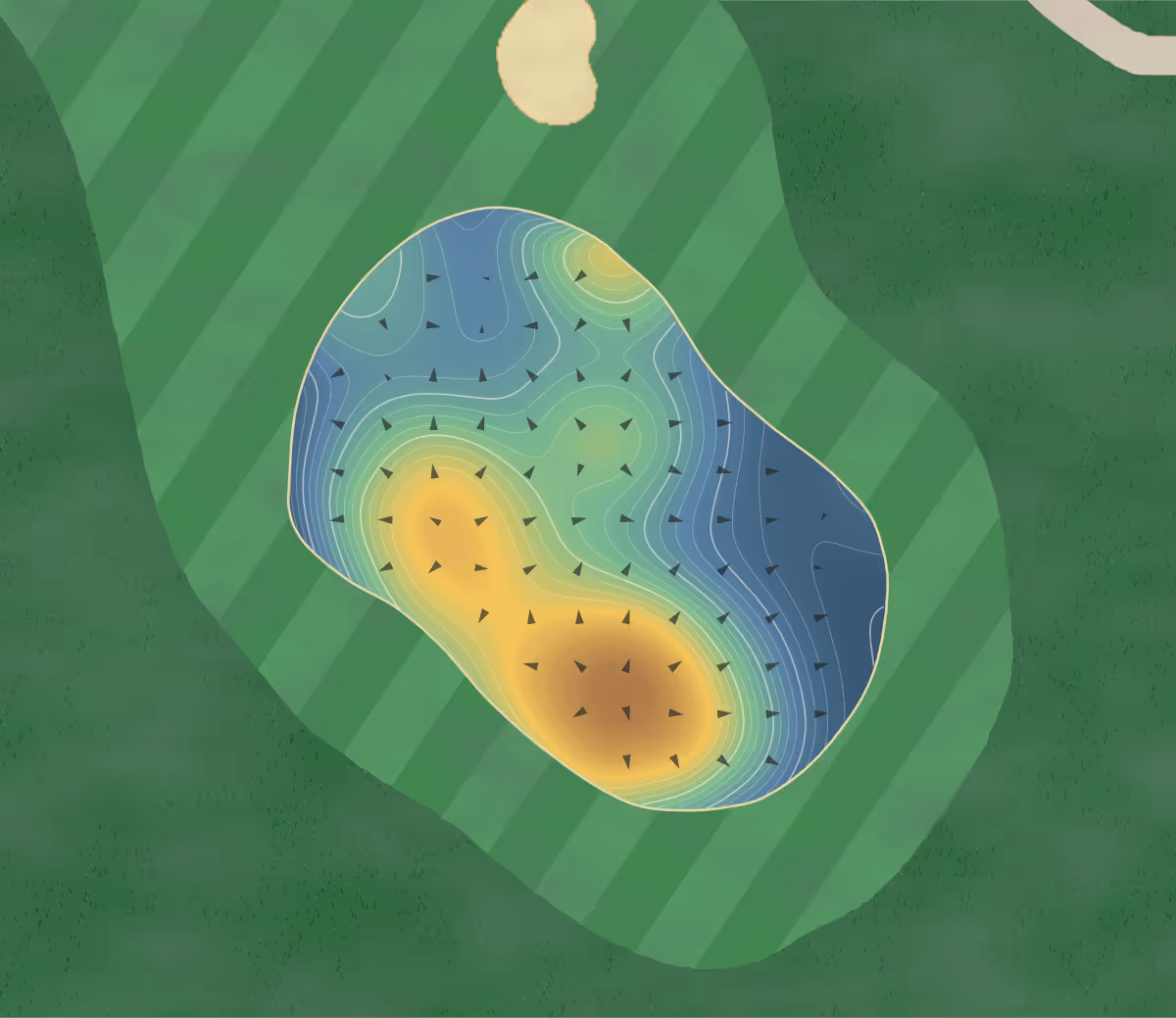 Green contour map of Lakeside Camden in Narellan, Australia — 236 elevation contours at a 8-centimeter interval with fall-line arrows, traced from 1-meter lidar