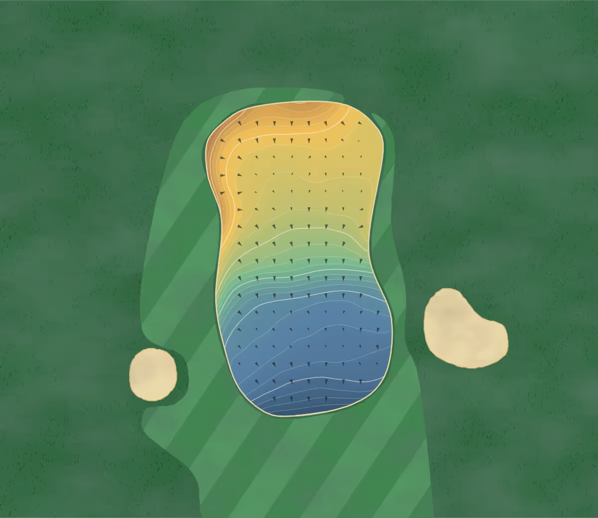Green contour map of Lakeside Golf in Montgomery, Wales: 140 elevation contours at a 8-centimeter interval with fall-line arrows, traced from 1-meter lidar