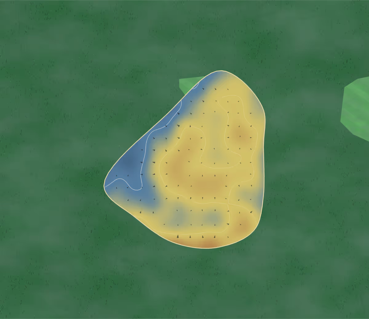 Green contour map of Lakeside Lodge in Huntingdon, England: 2 elevation contours at a 8-centimeter interval with fall-line arrows, traced from 1-meter lidar