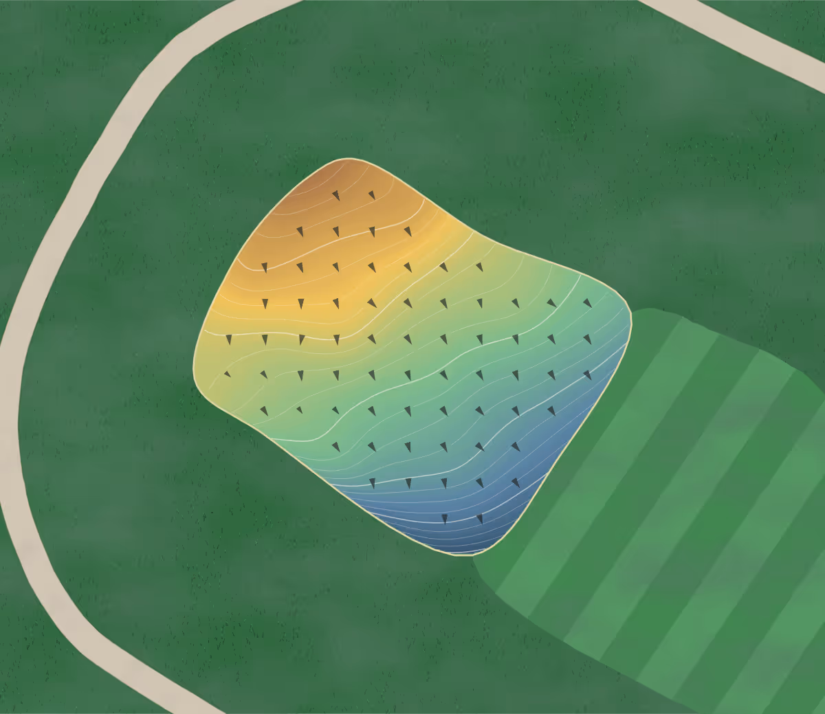 Green contour map of Lakeside Park Club in Midlothian, Virginia — 221 elevation contours at a 3-inch interval with fall-line arrows, traced from 1-meter lidar