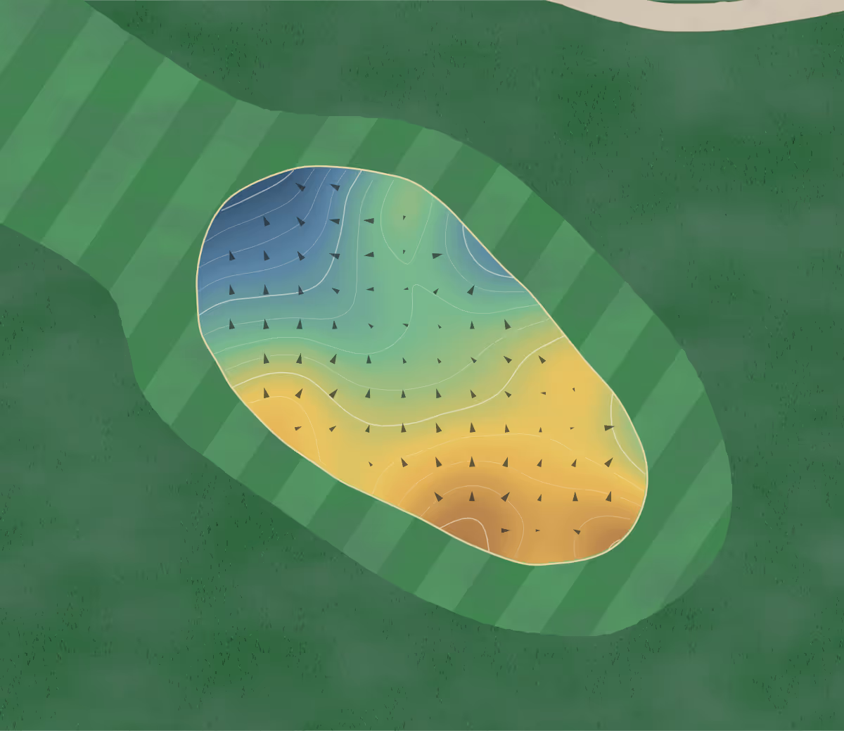 Green contour map of Lakeview GC in Mitchell, South Dakota: 175 elevation contours at a 3-inch interval with fall-line arrows, traced from 1-meter lidar
