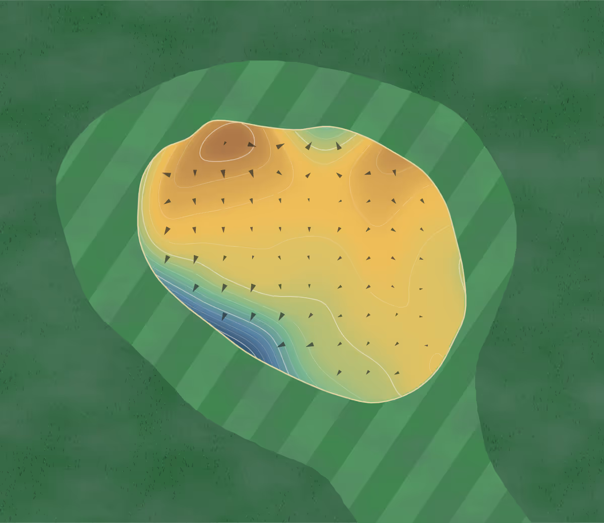 Green contour map of Lakeview Golf in Ardmore, Oklahoma — 164 elevation contours at a 3-inch interval with fall-line arrows, traced from 1-meter lidar