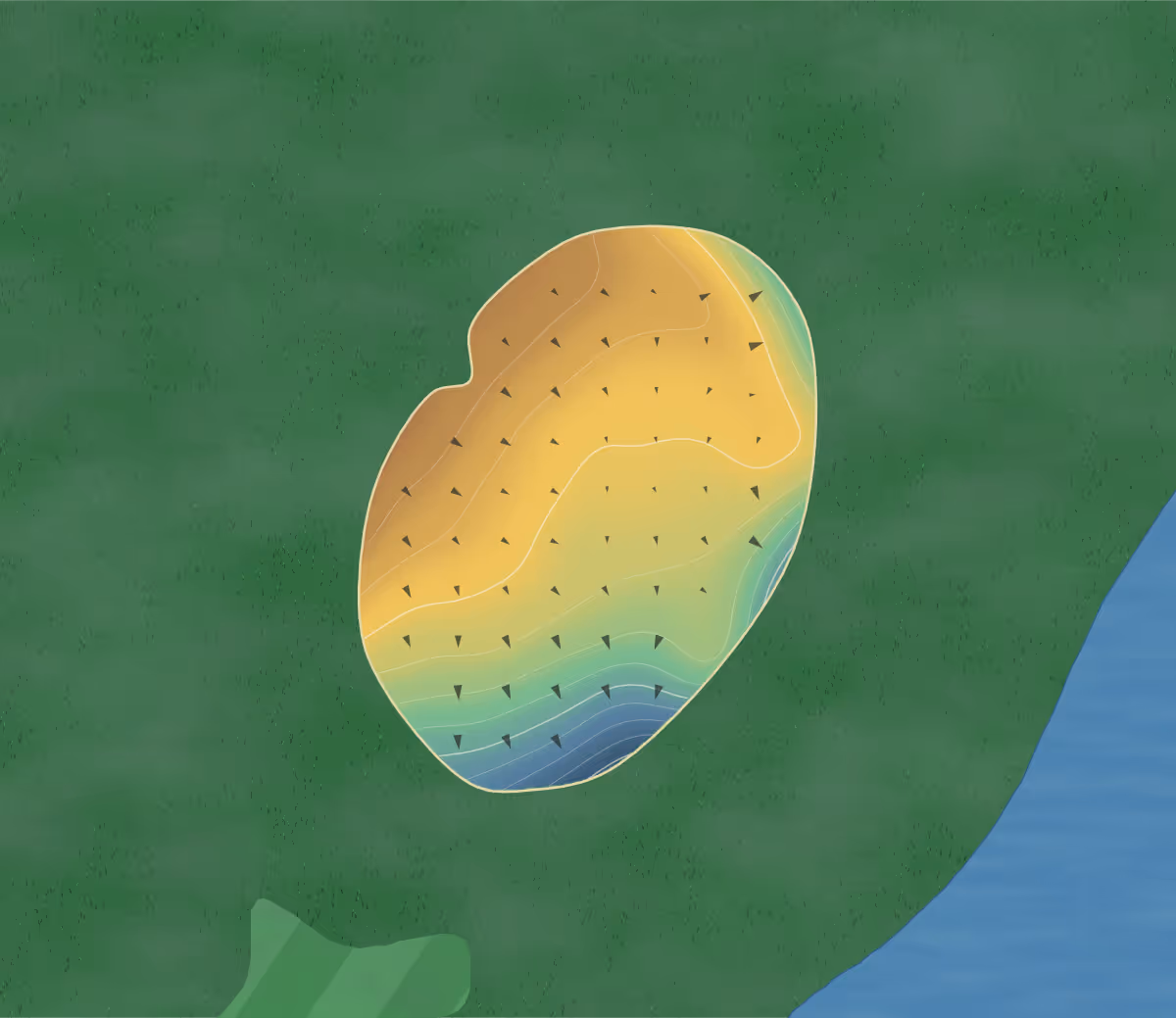 Green contour map of Lakeview in Kearney, Missouri: 54 elevation contours at a 3-inch interval with fall-line arrows, traced from 1-meter lidar