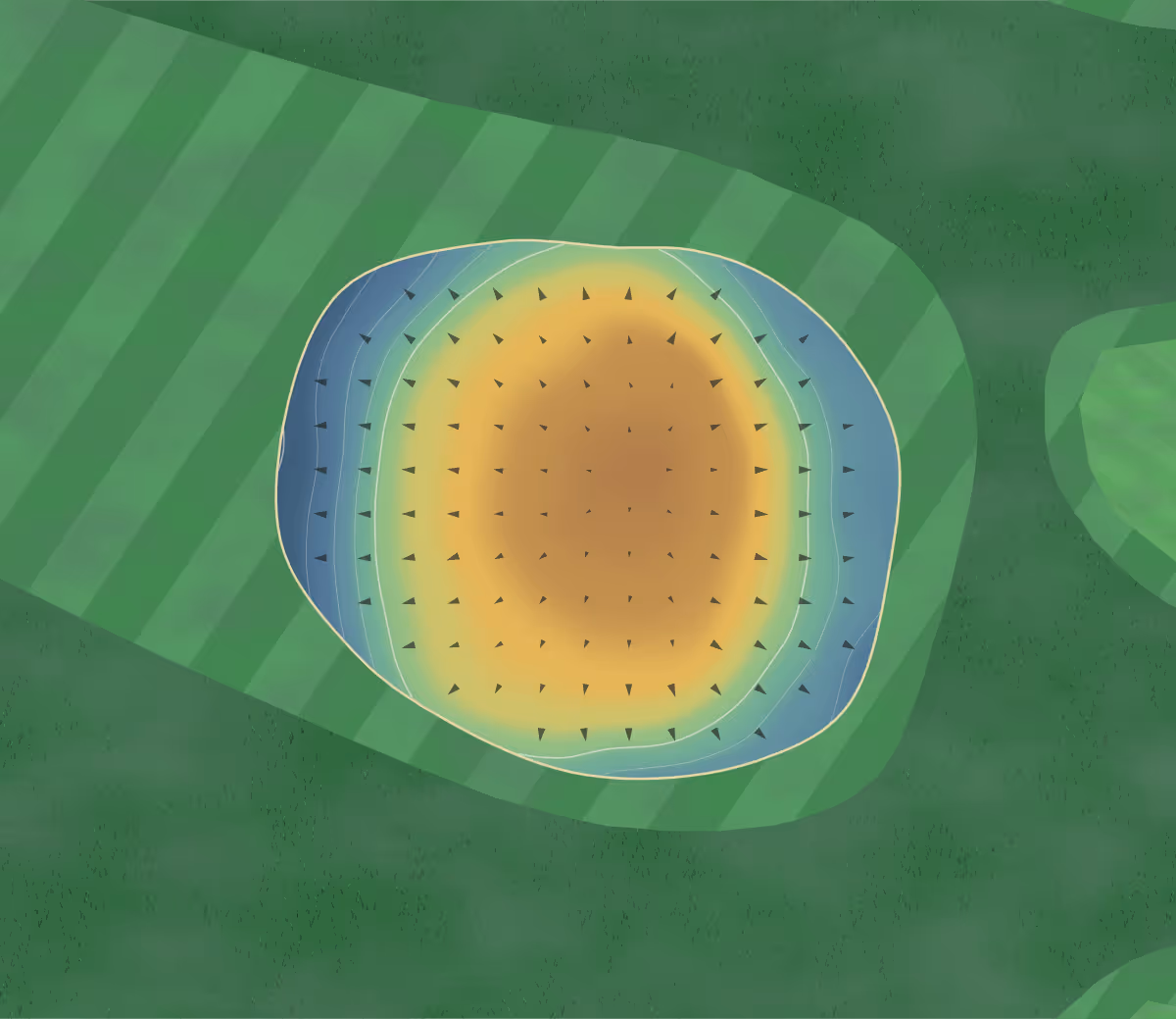 Green contour map of Lakeview Par 3 in Moose Jaw, Canada — 109 elevation contours at a 8-centimeter interval with fall-line arrows, traced from 1-meter lidar