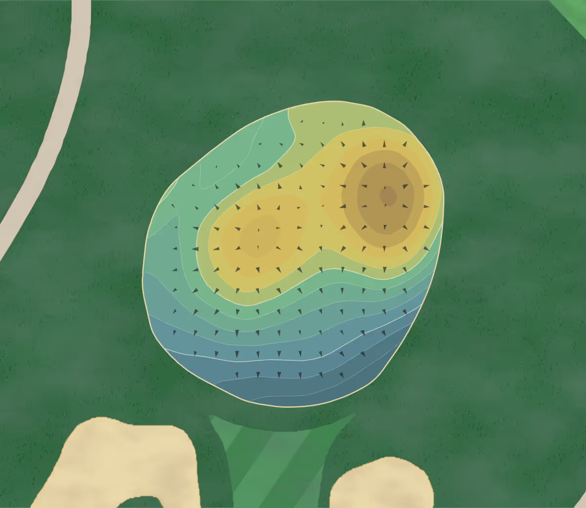 Green contour map of Lakeville CC in Lakeville, Massachusetts — 206 elevation contours at a 3-inch interval with fall-line arrows, traced from 1-meter lidar