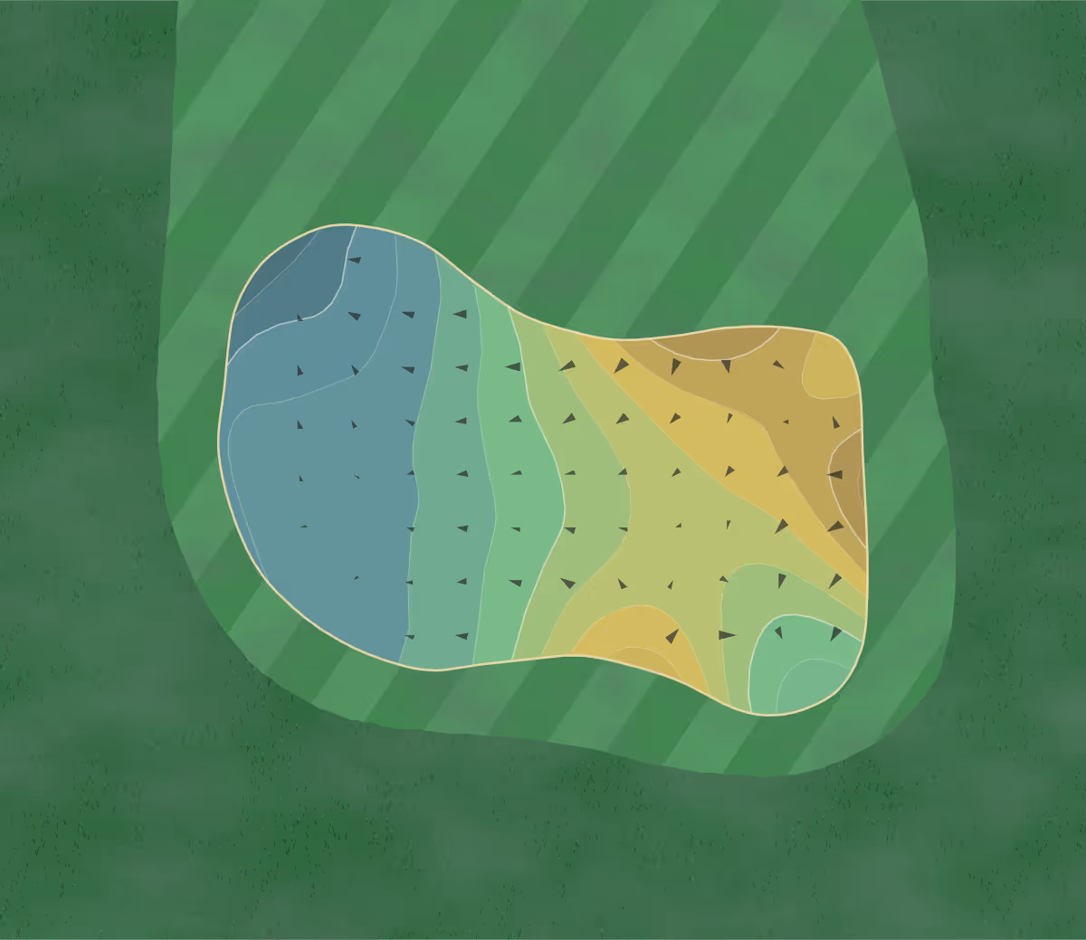 Green contour map of Lakewood Golf in New Orleans, Louisiana — 164 elevation contours at a 3-inch interval with fall-line arrows, traced from 1-meter lidar