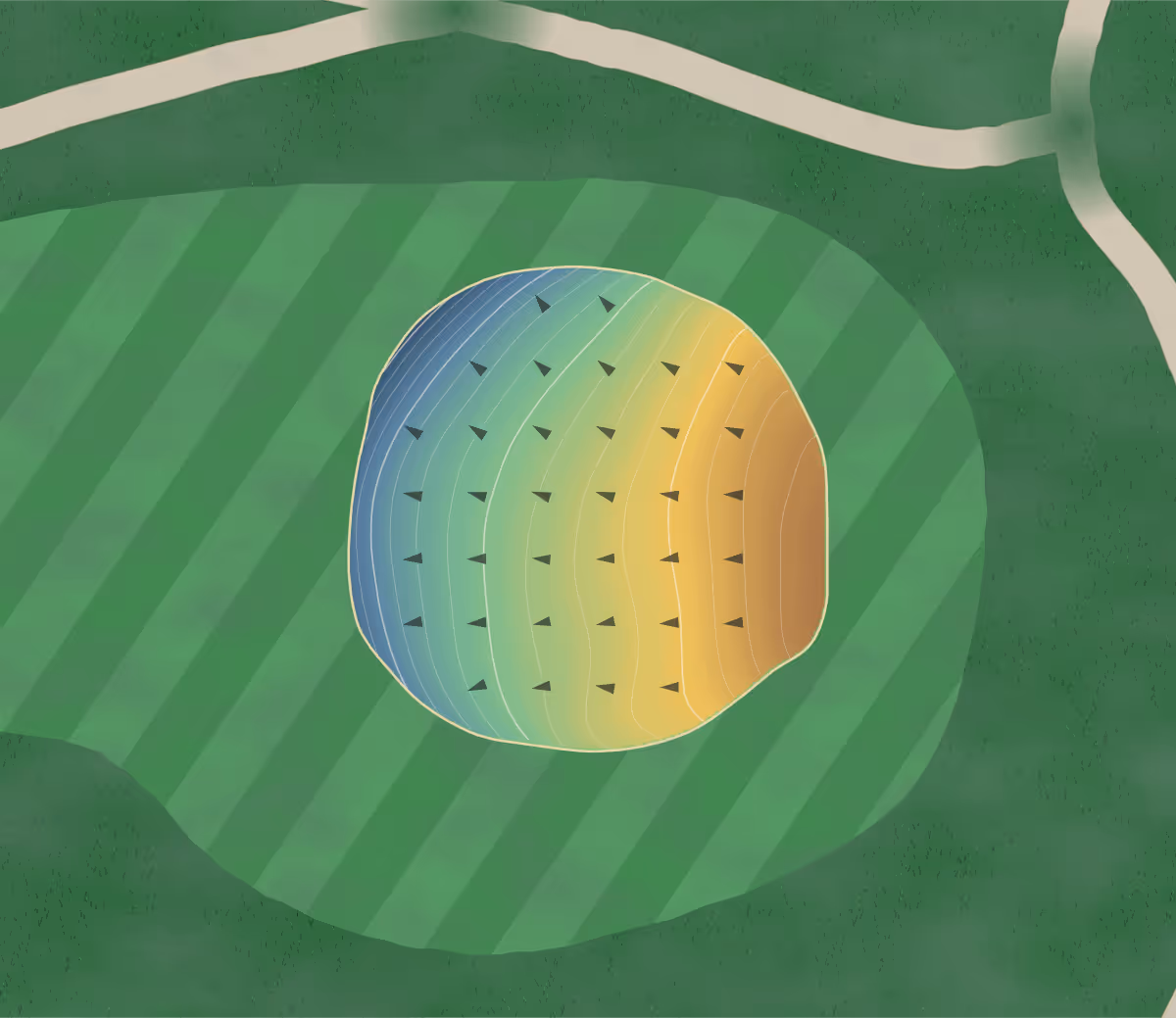 Green contour map of Lakewood Golf Course in Ada, Oklahoma — 104 elevation contours at a 3-inch interval with fall-line arrows, traced from 1-meter lidar