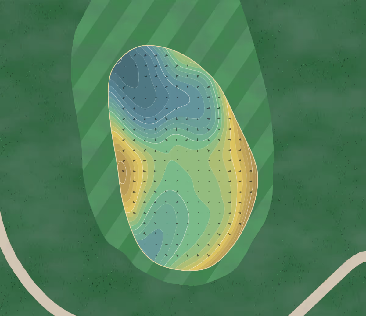 Green contour map of Lakewood National in Lakewood Ranch, Florida — 264 elevation contours at a 3-inch interval with fall-line arrows, traced from 1-meter lidar