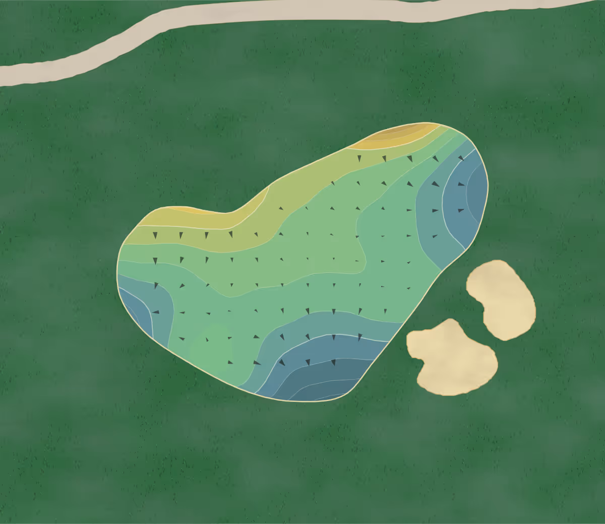 Green contour map of Lakewood Oaks in Lee's Summit, Missouri — 268 elevation contours at a 3-inch interval with fall-line arrows, traced from 1-meter lidar