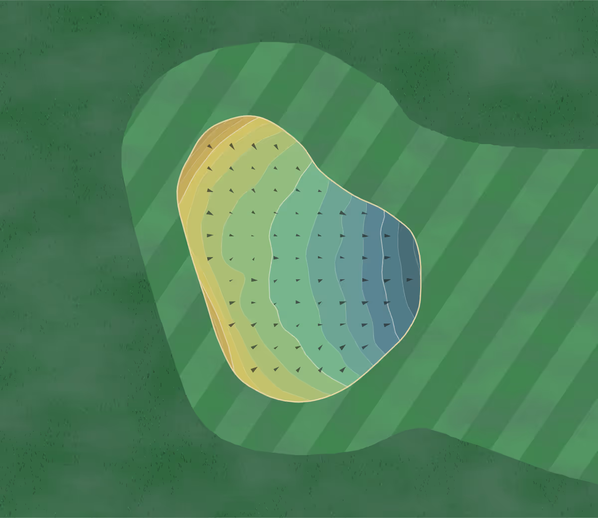 Green contour map of Lakota GC in Lakota, North Dakota — 99 elevation contours at a 3-inch interval with fall-line arrows, traced from 1-meter lidar