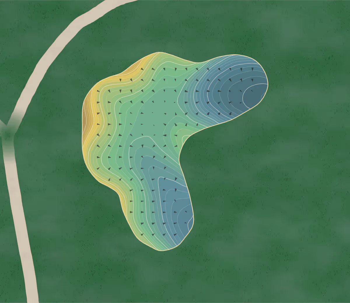 Green contour map of Lakota Links in New Castle, Colorado — 355 elevation contours at a 3-inch interval with fall-line arrows, traced from 1-meter lidar