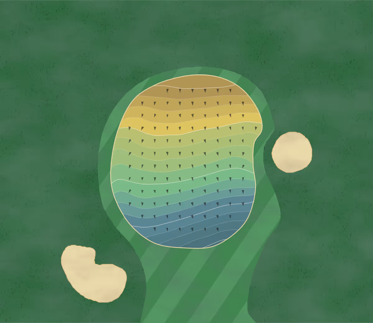 Green contour map of Lancaster Golf in Nr Lancaster, England — 187 elevation contours at a 8-centimeter interval with fall-line arrows, traced from 1-meter lidar