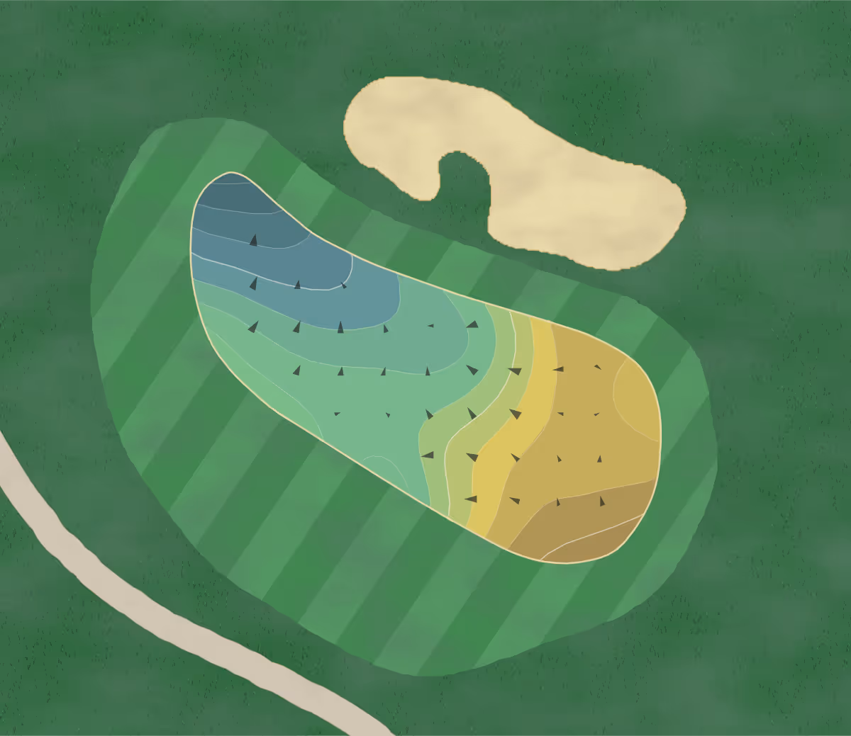 Green contour map of Landa Park in New Braunfels, Texas — 151 elevation contours at a 3-inch interval with fall-line arrows, traced from 1-meter lidar
