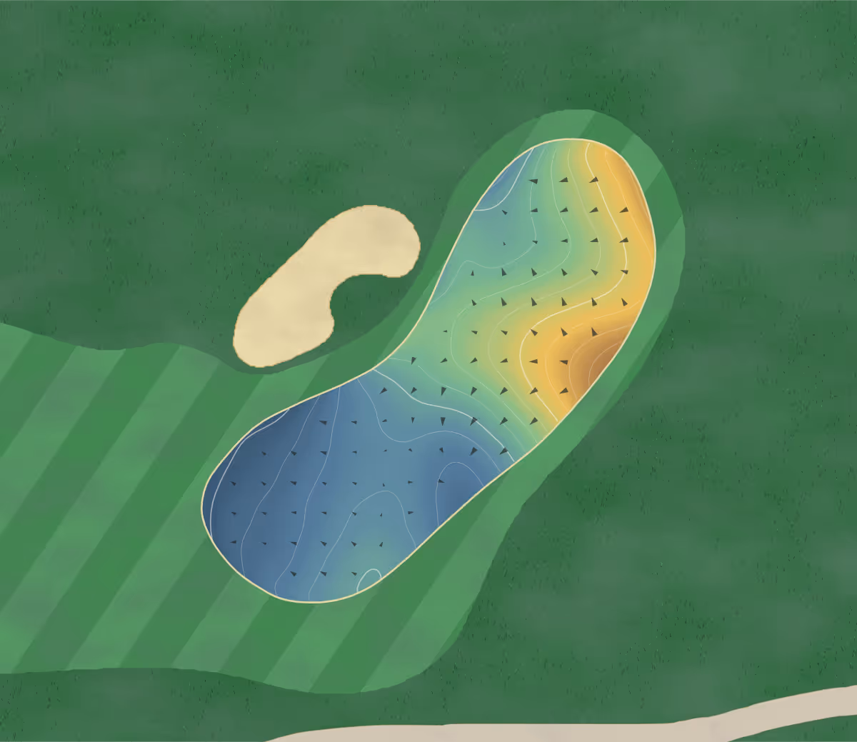 Green contour map of Spirit GC in Chesterfield, Missouri: 117 elevation contours at a 3-inch interval with fall-line arrows, traced from 1-meter lidar