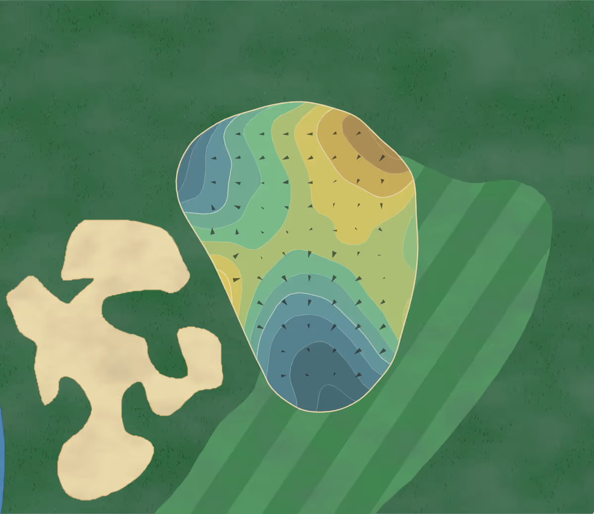Green contour map of Landings Golf in Savannah, Georgia — 166 elevation contours at a 3-inch interval with fall-line arrows, traced from 1-meter lidar