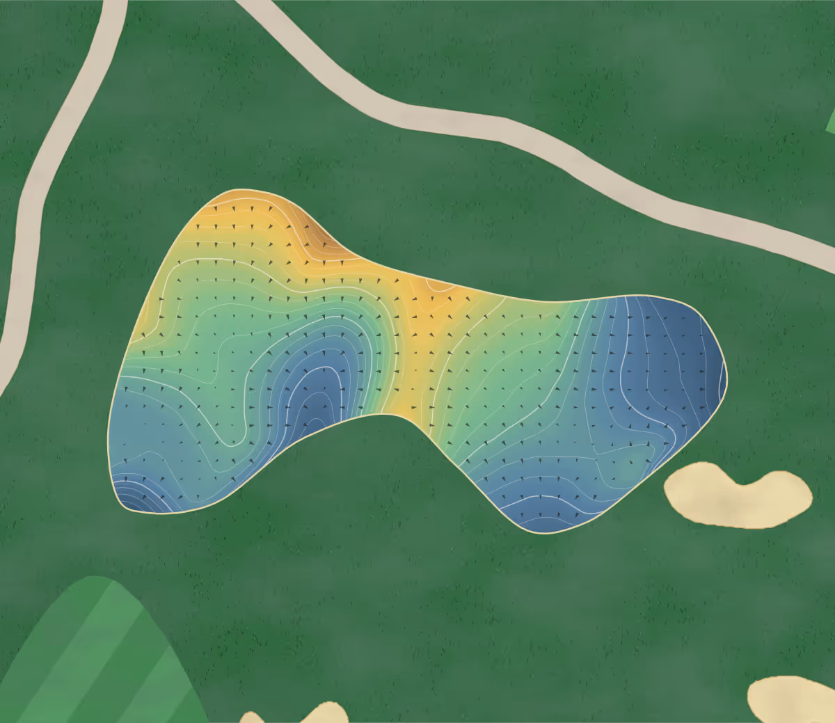 Green contour map of Langara in Vancouver, Canada — 182 elevation contours at a 8-centimeter interval with fall-line arrows, traced from 1-meter lidar