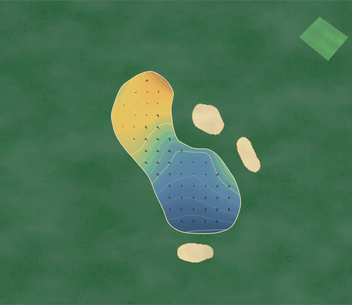 Green contour map of Langholm in Langholm, Scotland: 30 elevation contours at a 8-centimeter interval with fall-line arrows, traced from 1-meter lidar
