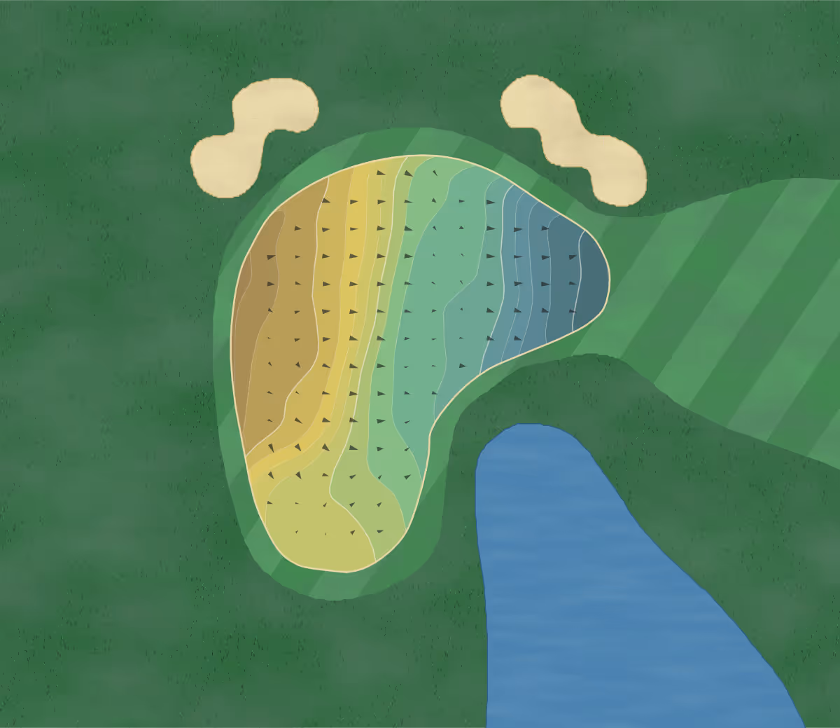 Green contour map of Langland Bay in Swansea, Wales — 158 elevation contours at a 8-centimeter interval with fall-line arrows, traced from 1-meter lidar