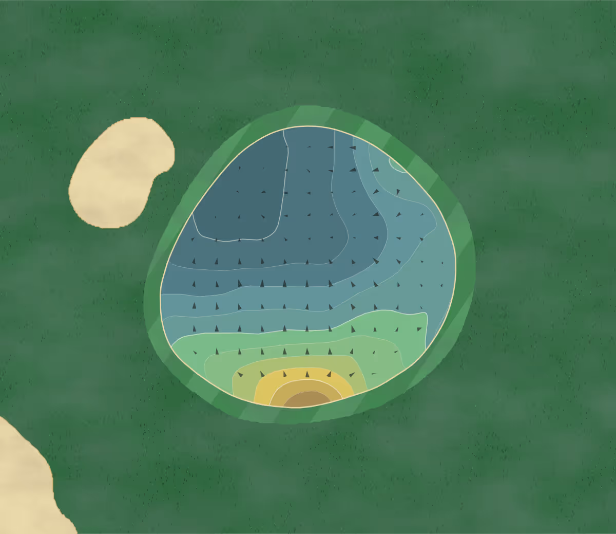 Green contour map of Langley Park in Beckenham, England — 151 elevation contours at a 8-centimeter interval with fall-line arrows, traced from 1-meter lidar