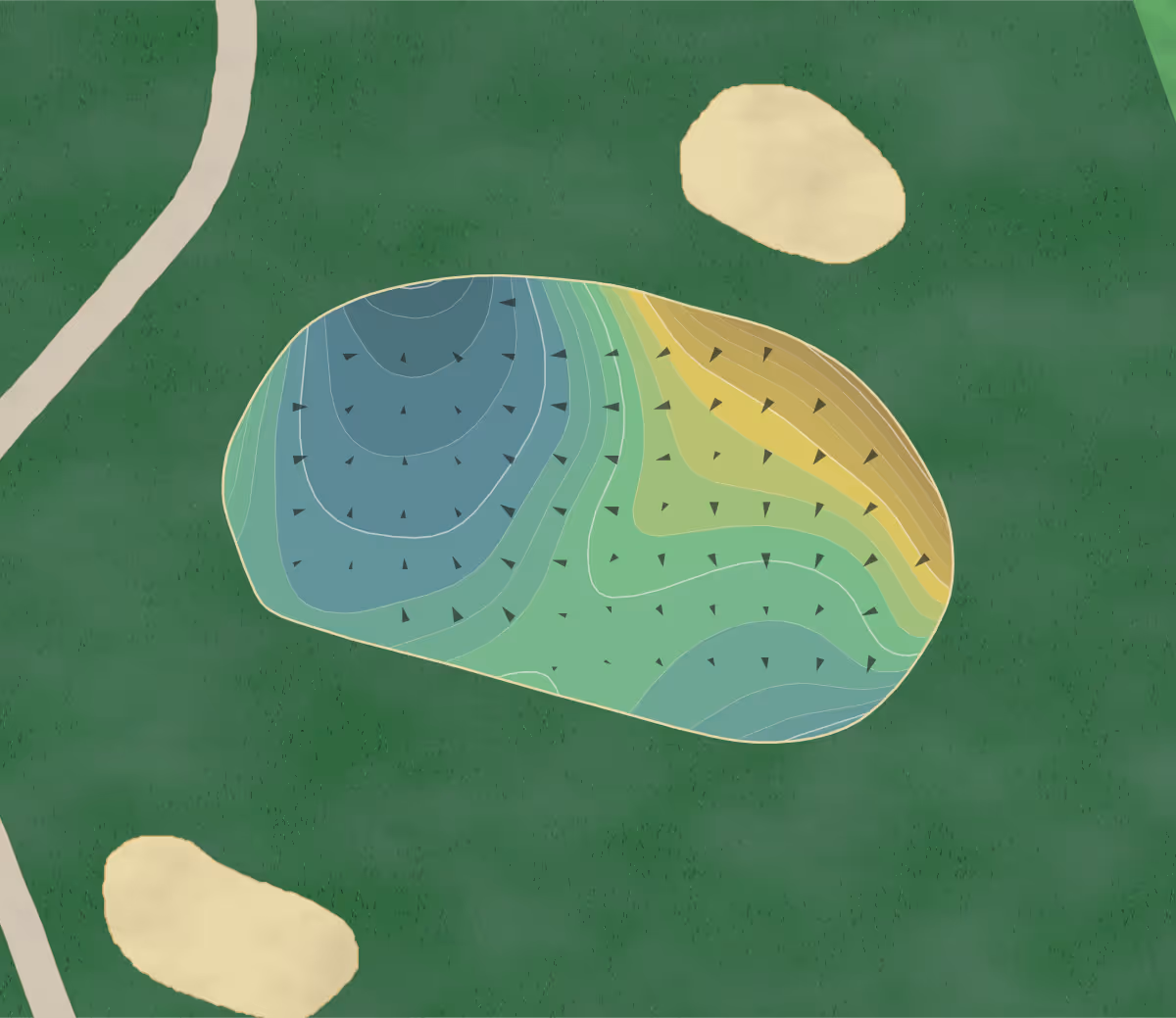 Green contour map of Lanier Islands Legacy Golf Course in Lake Lanier Islands, Georgia — 226 elevation contours at a 3-inch interval with fall-line arrows, traced from 1-meter lidar