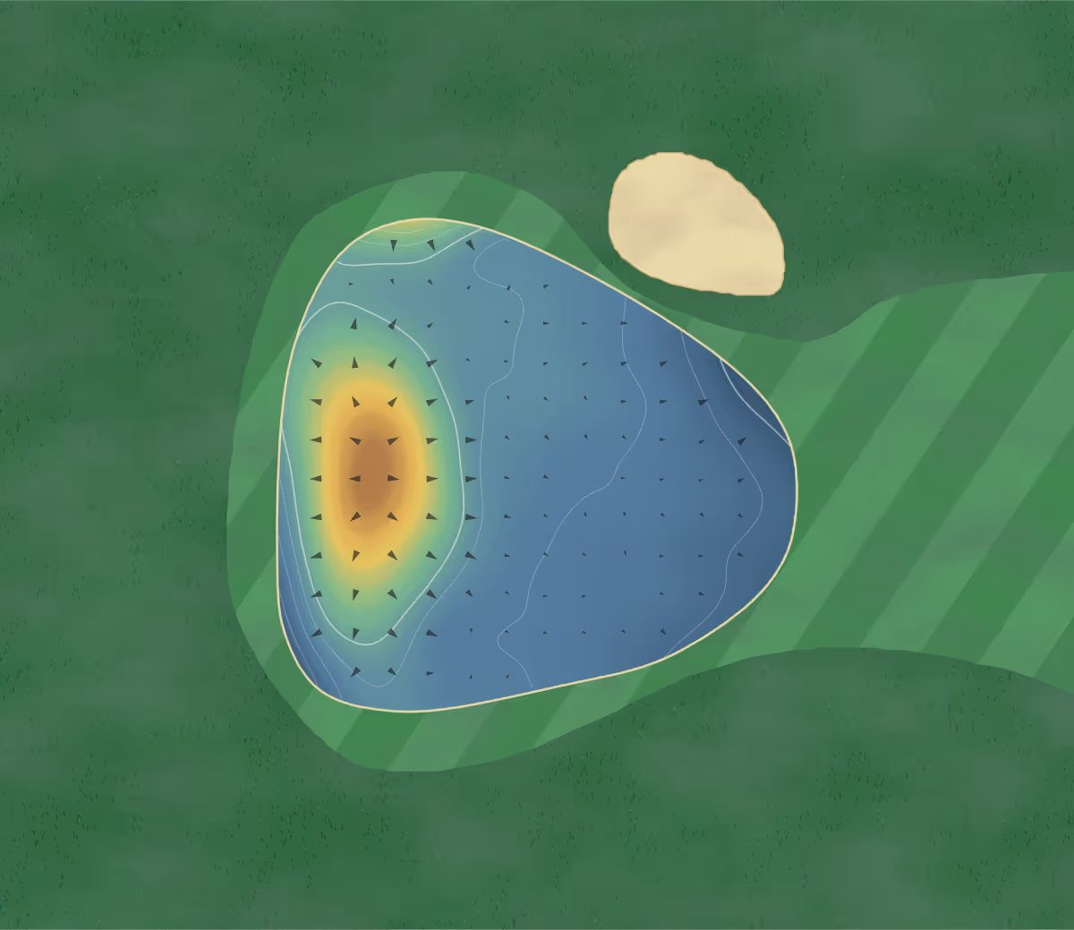 Green contour map of Lanigan in Lanigan, Canada: 67 elevation contours at a 8-centimeter interval with fall-line arrows, traced from 1-meter lidar