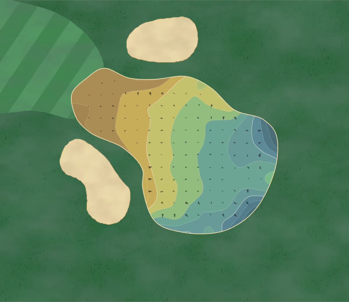 Green contour map of Lansdown GC in Bath, England — 135 elevation contours at a 8-centimeter interval with fall-line arrows, traced from 1-meter lidar