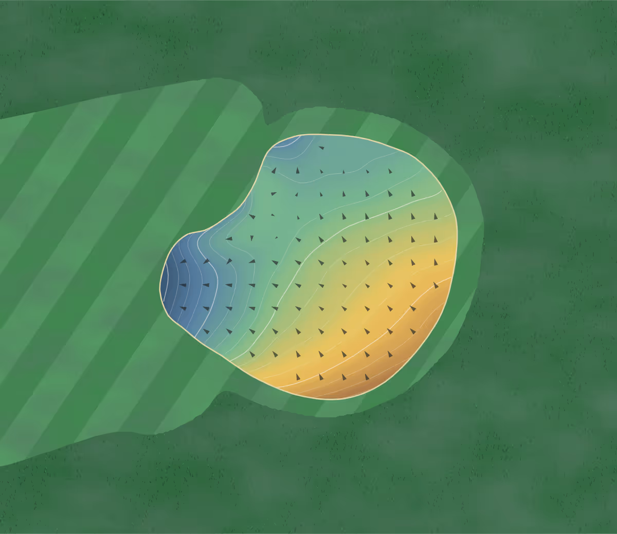 Green contour map of Lansil in Lancaster, United Kingdom — 93 elevation contours at a 8-centimeter interval with fall-line arrows, traced from 1-meter lidar