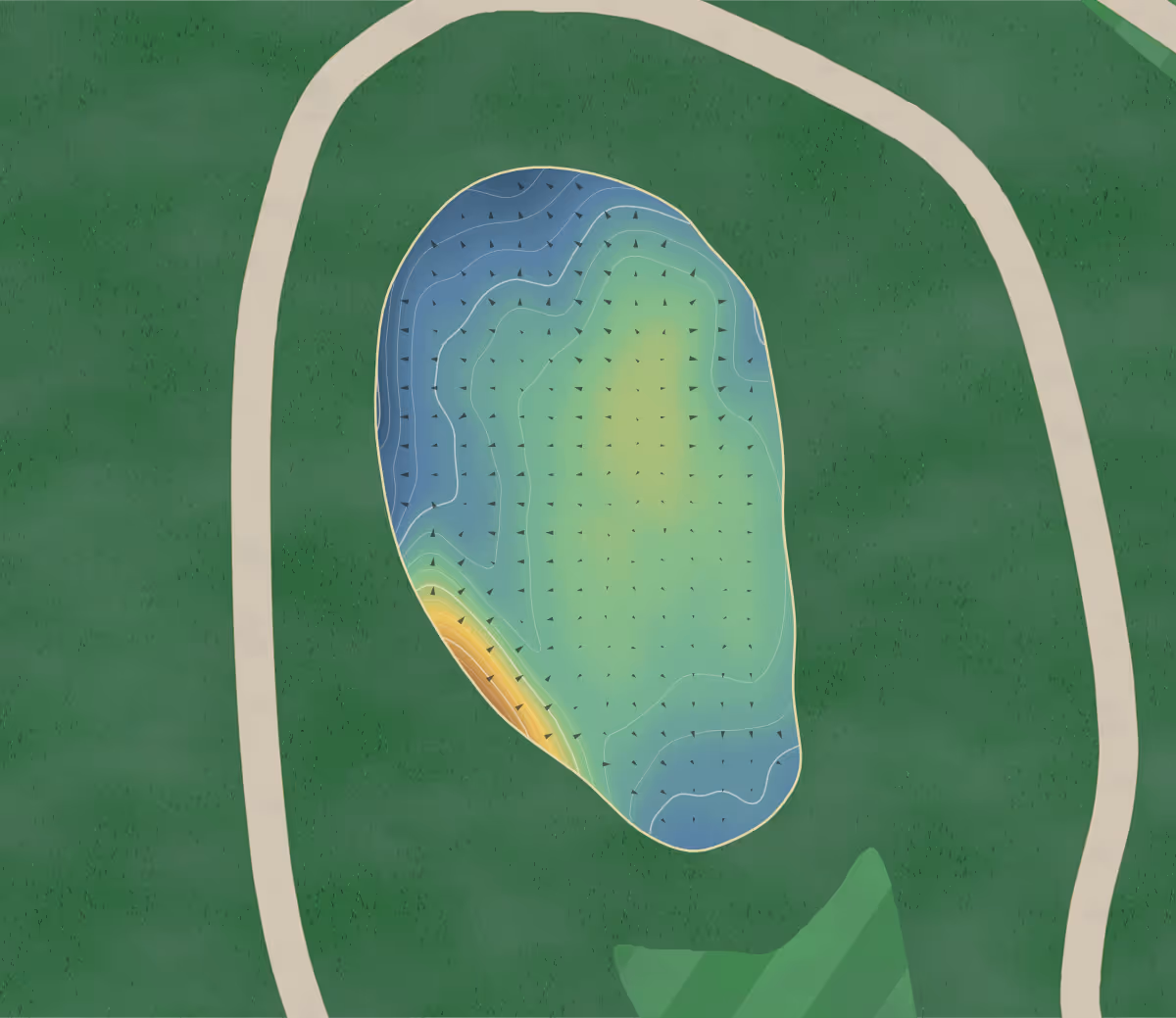 Green contour map of Larters in Saint Andrews, Canada — 178 elevation contours at a 8-centimeter interval with fall-line arrows, traced from 1-meter lidar