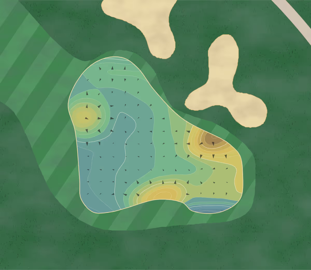 Green contour map of Las Positas in Livermore, California — 192 elevation contours at a 3-inch interval with fall-line arrows, traced from 1-meter lidar