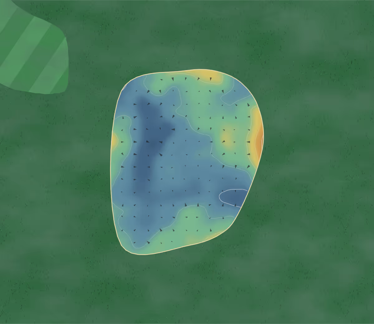 Green contour map of Last Oak in Grayson, Canada: 5 elevation contours at a 8-centimeter interval with fall-line arrows, traced from 1-meter lidar