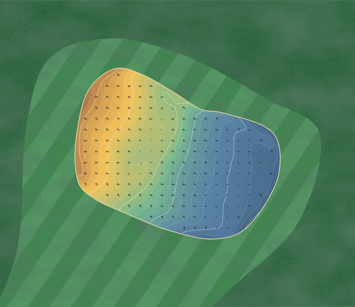 Green contour map of Lauder in Lauder, Scotland — 140 elevation contours at a 8-centimeter interval with fall-line arrows, traced from 1-meter lidar