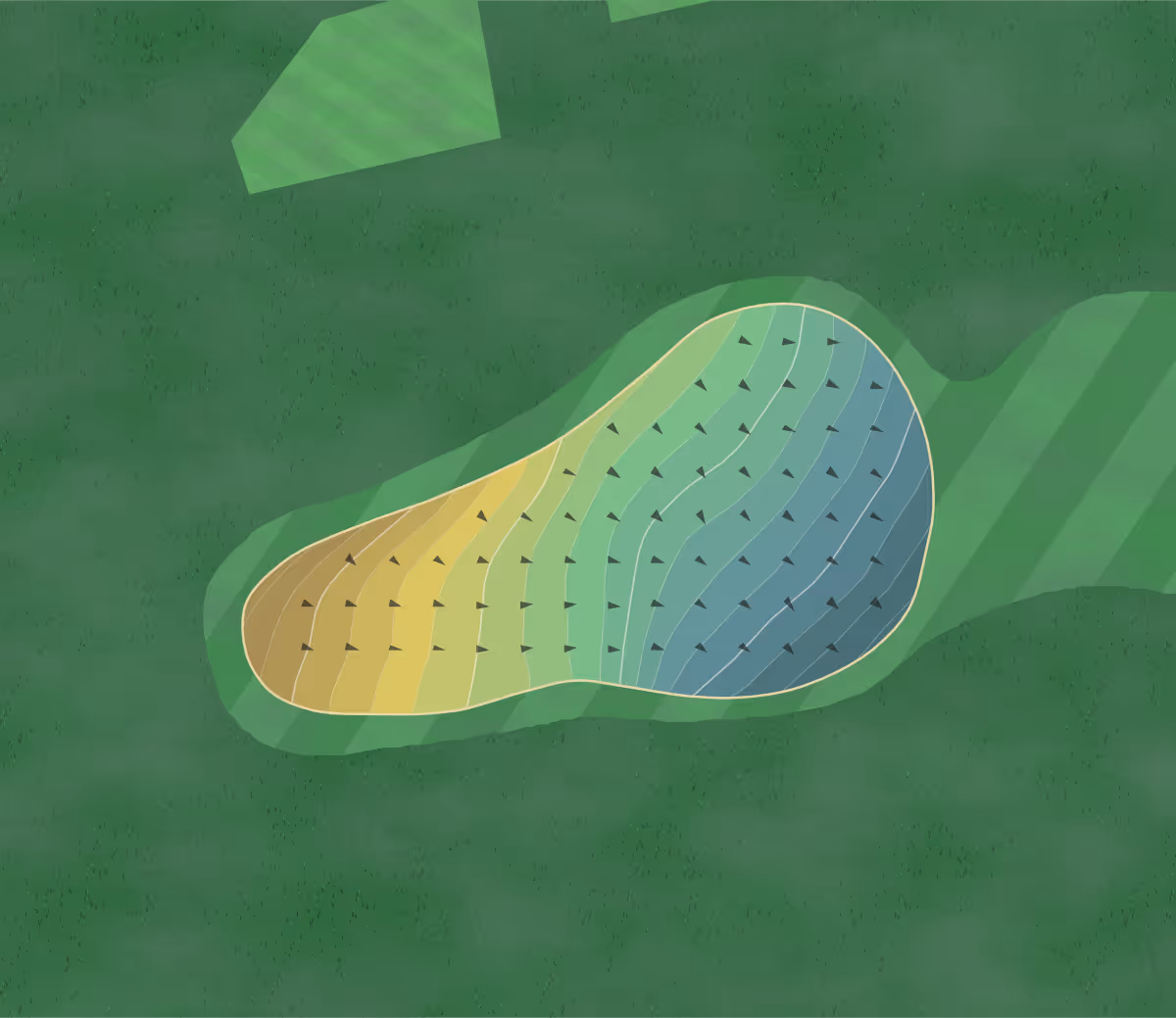 Green contour map of Launceston GC in Launceston, England — 171 elevation contours at a 8-centimeter interval with fall-line arrows, traced from 1-meter lidar