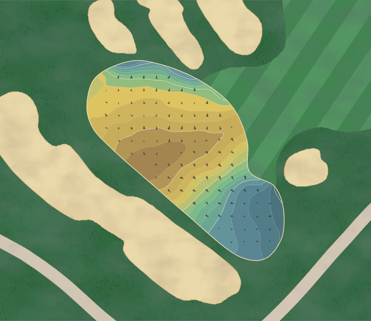 Green contour map of Laurel Links in Mattituck, New York — 264 elevation contours at a 3-inch interval with fall-line arrows, traced from 1-meter lidar